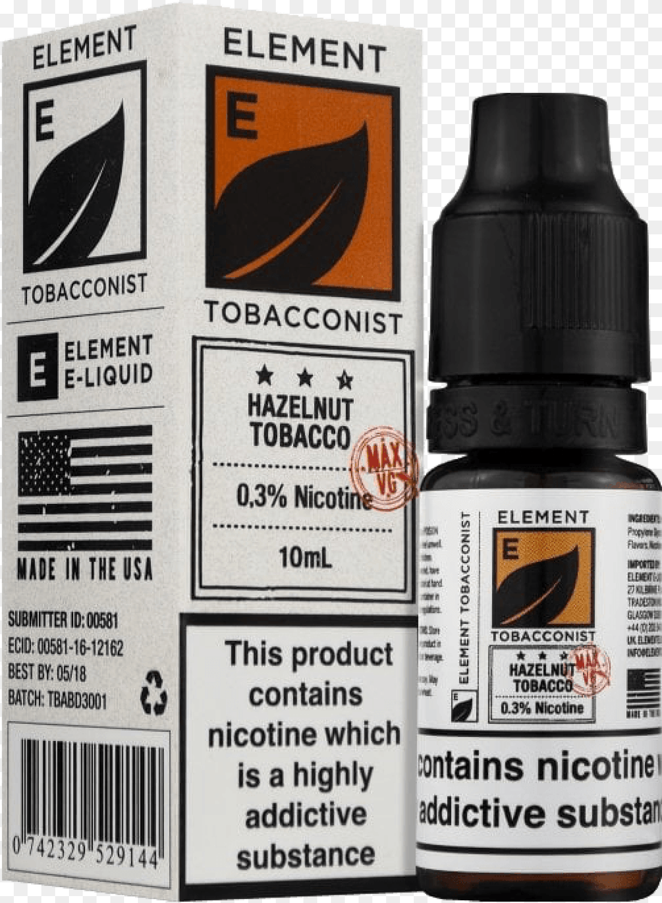 Element 10ml Hazelnut Tobacco Chocolate Tobacco Element, Bottle, Ink Bottle, Cosmetics, Perfume Free Png Download