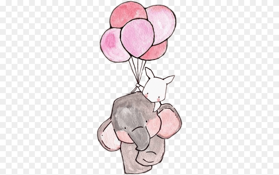 Elephant Baby Cute Cutesticker Babish Art Sketches Cartoon Rabbit And Elephant, Balloon, Person, Drawing Free Transparent Png