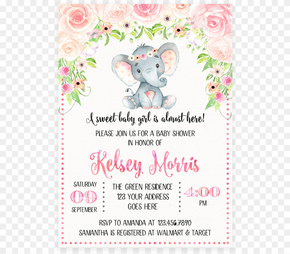 Elephant Baby Shower Floral Elephant Baby Shower Invitations, Advertisement, Poster, Mail, Greeting Card Free Png Download