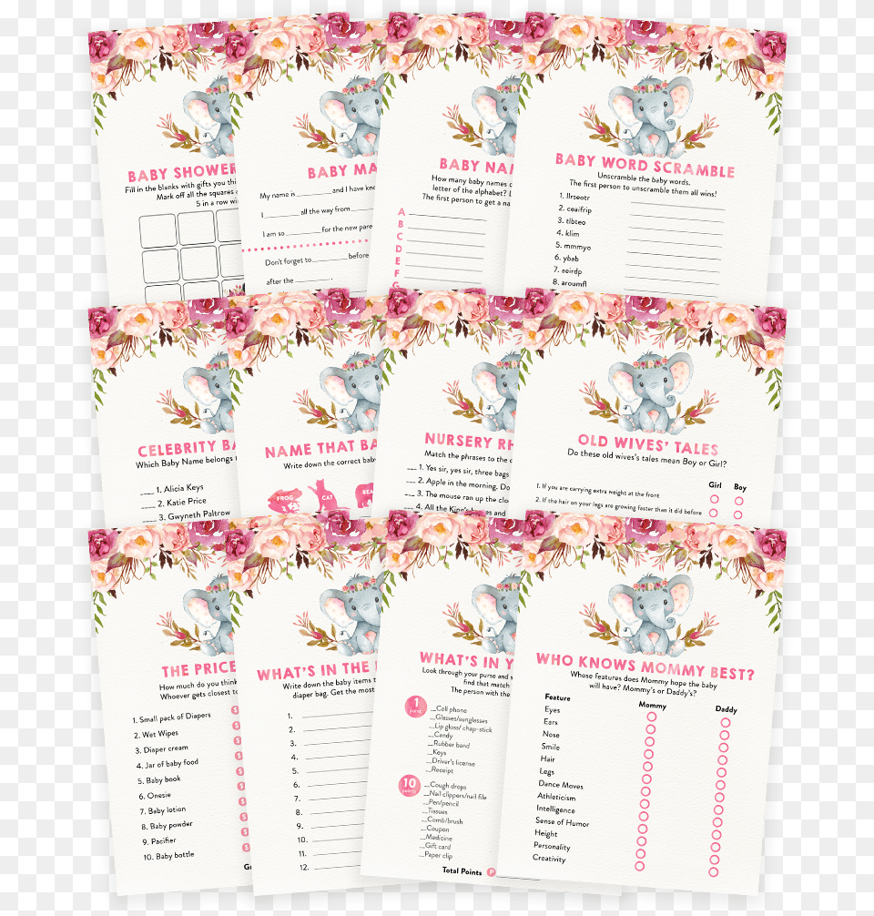 Elephant Floral Boho Baby Shower Game Pack Boho Elephant Baby Shower, Advertisement, Poster, Text, Flower Png Image