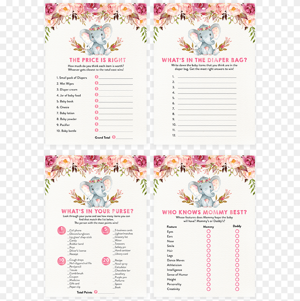 Elephant Floral Boho Baby Shower Game Pack Boho Floral Elephant Baby Shower Games, Page, Text, Menu, Advertisement Free Png Download