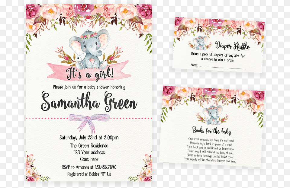 Elephant Floral Boho Invitation Pack Baby Shower Title Boho, Advertisement, Envelope, Greeting Card, Mail Free Transparent Png