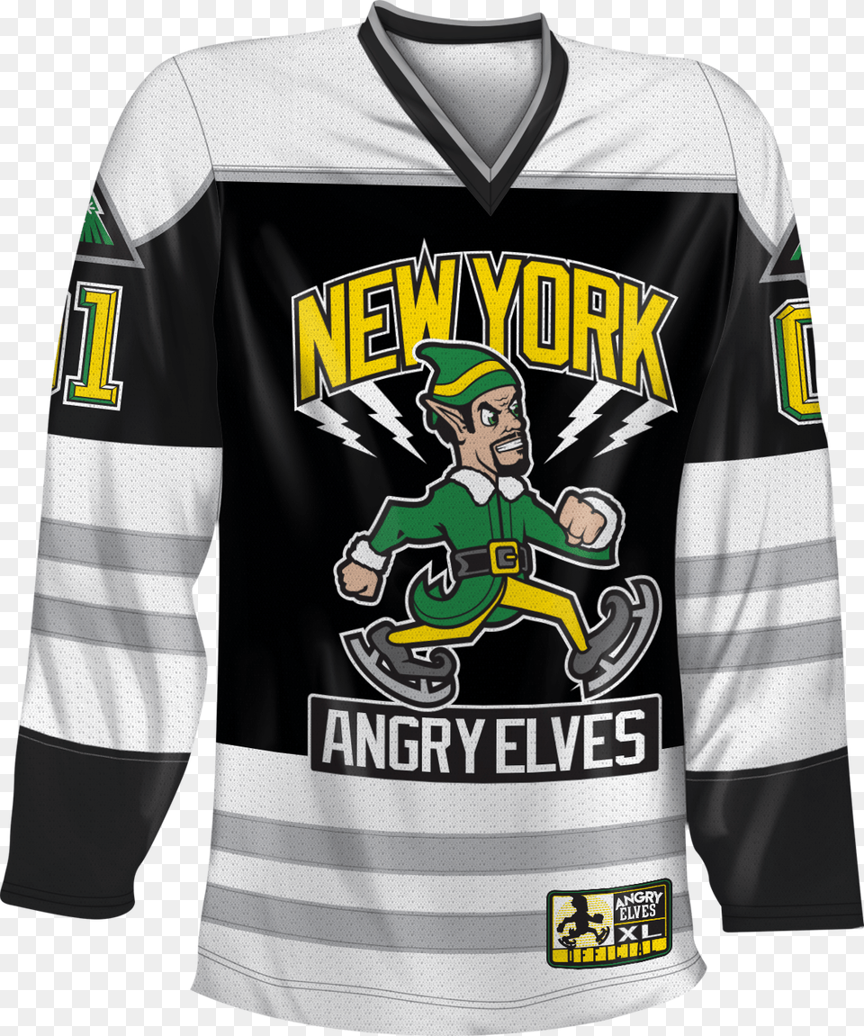 Elf Movie Miles Finch New York Angry Elves Hockey Jersey, Clothing, Shirt, Person, Face Png