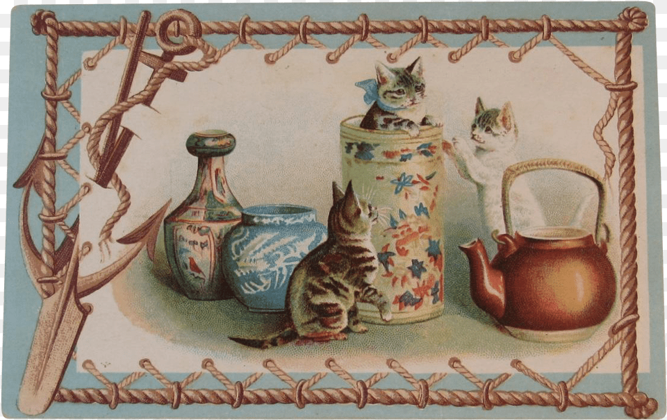 Embossed Cats In Vases With Tea Kettle Postcard Unused Postcard Cats, Cookware, Pot, Pottery, Art Free Png