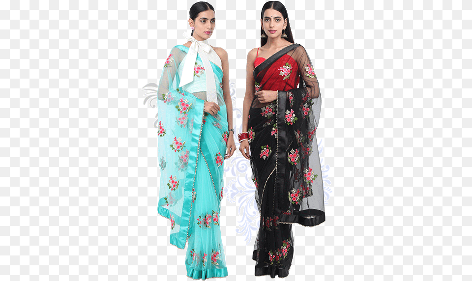Embroidered Net Sarees Finished With Tropical Floral Silk, Adult, Person, Woman, Female Free Transparent Png