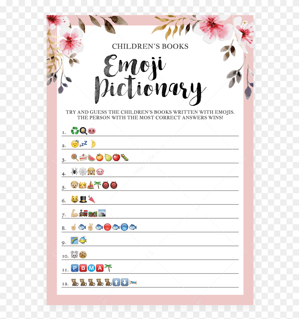 Emoji Pictionary Printable For Girl Baby Shower By Printable Baby Shower Emoji Game, Page, Text, Blackboard Png