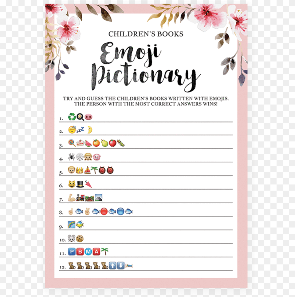Emoji Pictionary Printable For Girl Baby Shower By Printable Emoji Baby Shower Game, Page, Text Free Png