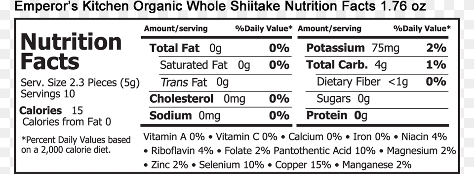 Emperor S Kitchen Organic Whole Shiitake Mushrooms Nutrition Facts, Chart, Plot, Text, Paper Free Png