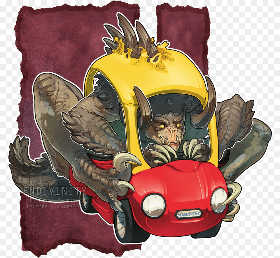 Endivini Twitter Vaulttec Fictional Character Cartoon Deathclaw In A Car, Book, Comics, Publication, Device Free Png