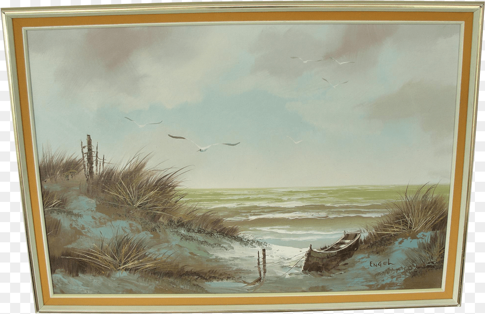 Engel Vintage Oil On Canvas Beach Seascape Painting Picture Frame, Art, Boat, Transportation, Vehicle Free Png