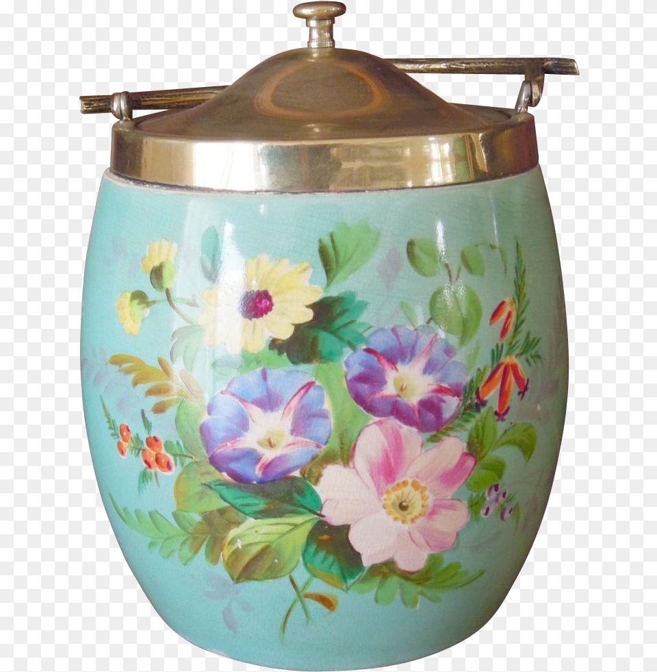 English Antique Biscuit Barrel With Flower Design Silver Lid, Art, Jar, Porcelain, Pottery Free Transparent Png