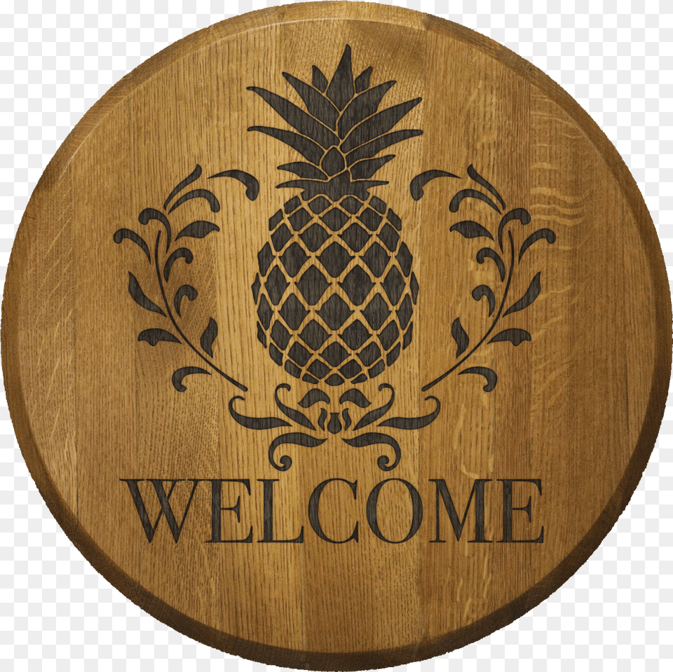 Engraved Barrel Head With A Pineapple And The Word Pineapple Stencil, Wood, Food, Fruit, Plant Png Image