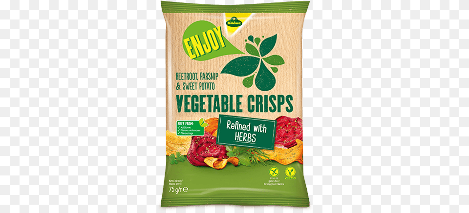 Enjoy Vegetable Crisps Refined With Herbs Kuhne Enjoy Vegetable Chips, Advertisement, Plant, Herbal, Food Png Image