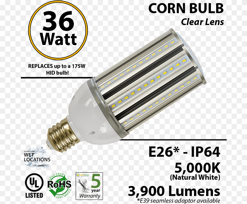 Equivalent Led Bulb 36w Corn Light 5000k 3600 2 Ft Led Tube Light, Lighting, Lightbulb Png Image