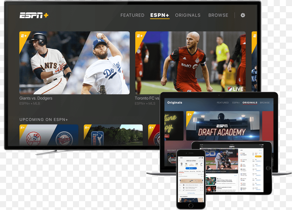 Espn On A Television Laptop Tablet And Smartphone, Monitor, Hardware, People, Person Free Png Download