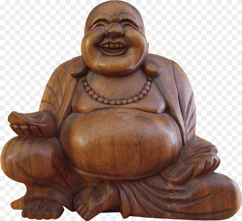 Estatua De Madera Buda Sonriendo Tazn En Las Manos Fat Buddha No Background, Art, Prayer, Adult, Male Free Png Download