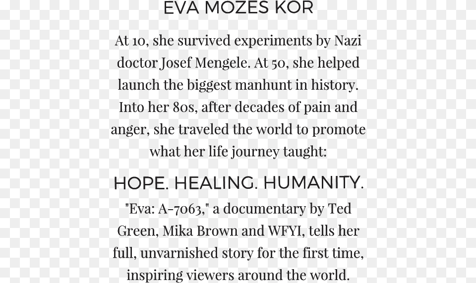 Eva Mozes Kor, Text, Advertisement, Poster Free Png Download