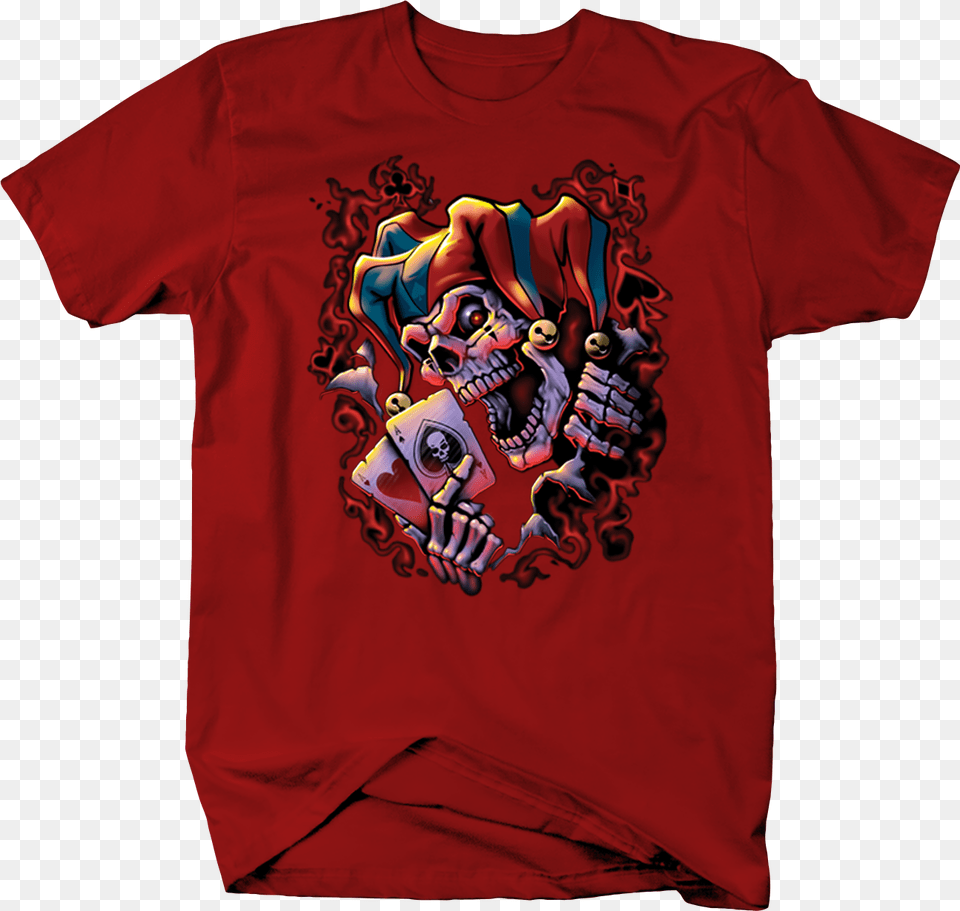 Evil Skeleton Joker Holdong Playing Cards Shirt Red Jester Wicked, Clothing, T-shirt, Baby, Person Png Image