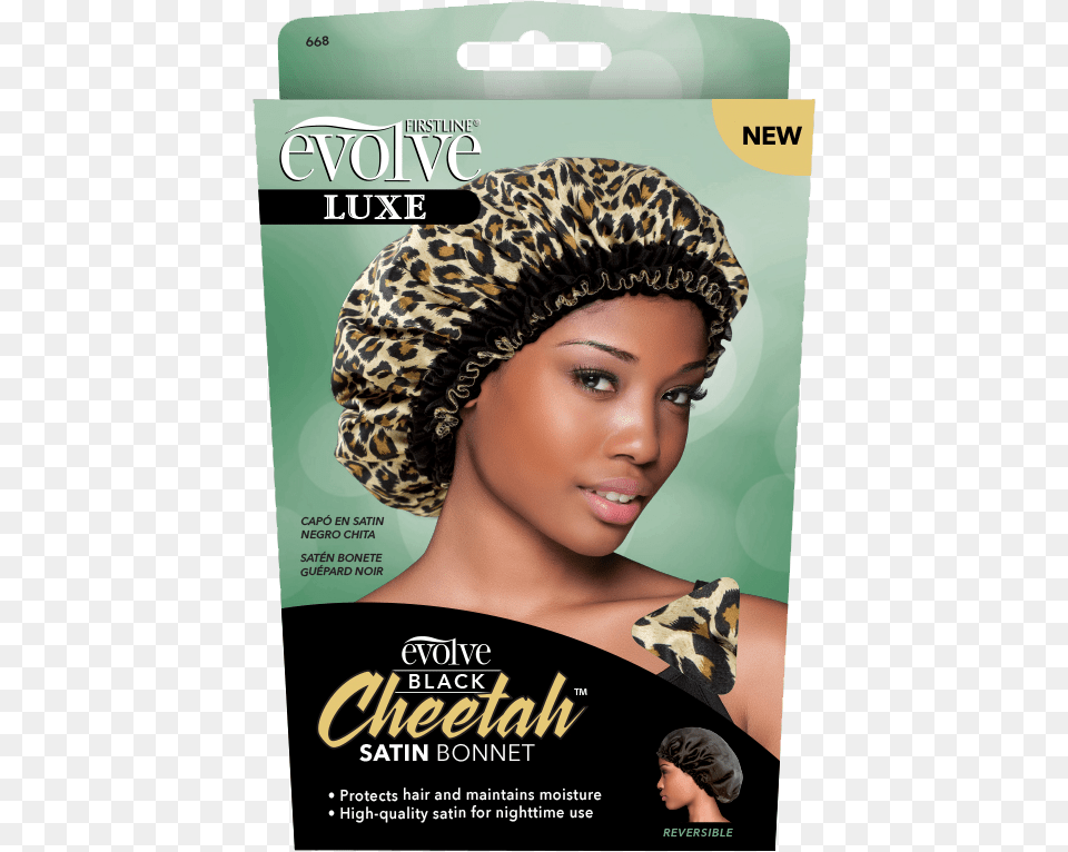 Evolve Black Cheetah Satin Bonnet Black Woman In Bonnet, Adult, Person, Hat, Female Free Png