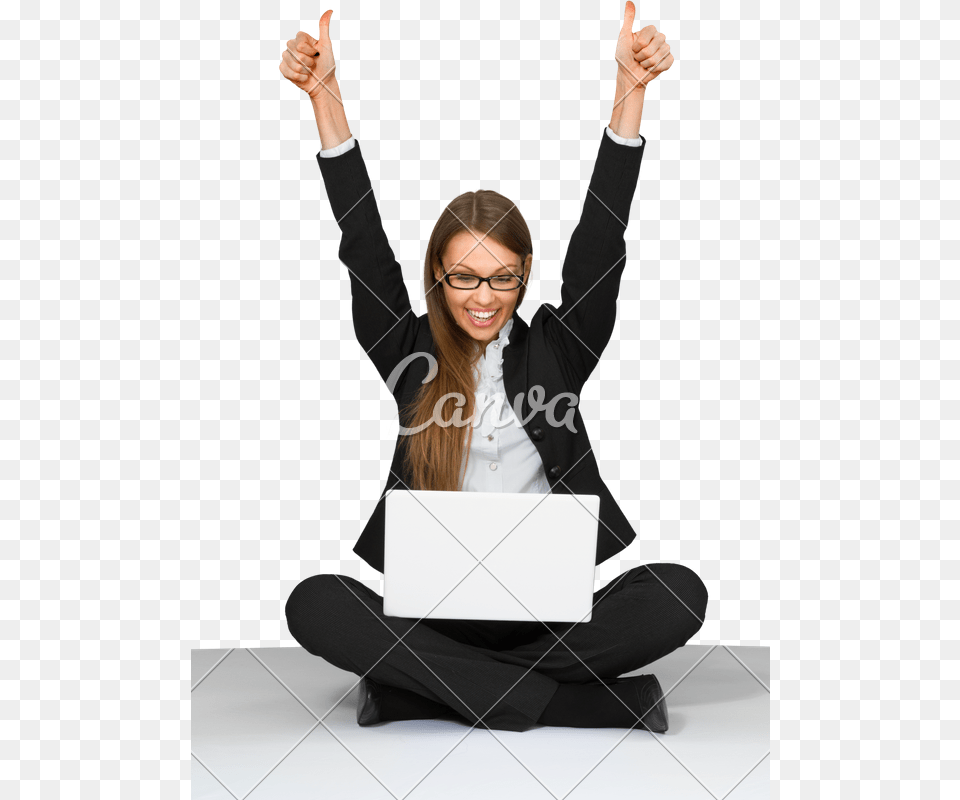 Excited Businesswoman Cross Legged Sitting, Laptop, Computer, Electronics, Person Png Image