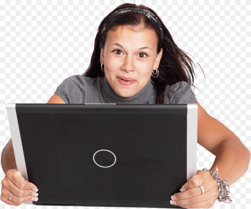 Excited Woman Using Laptop Image Laptop, Electronics, Body Part, Computer, Hand Free Png