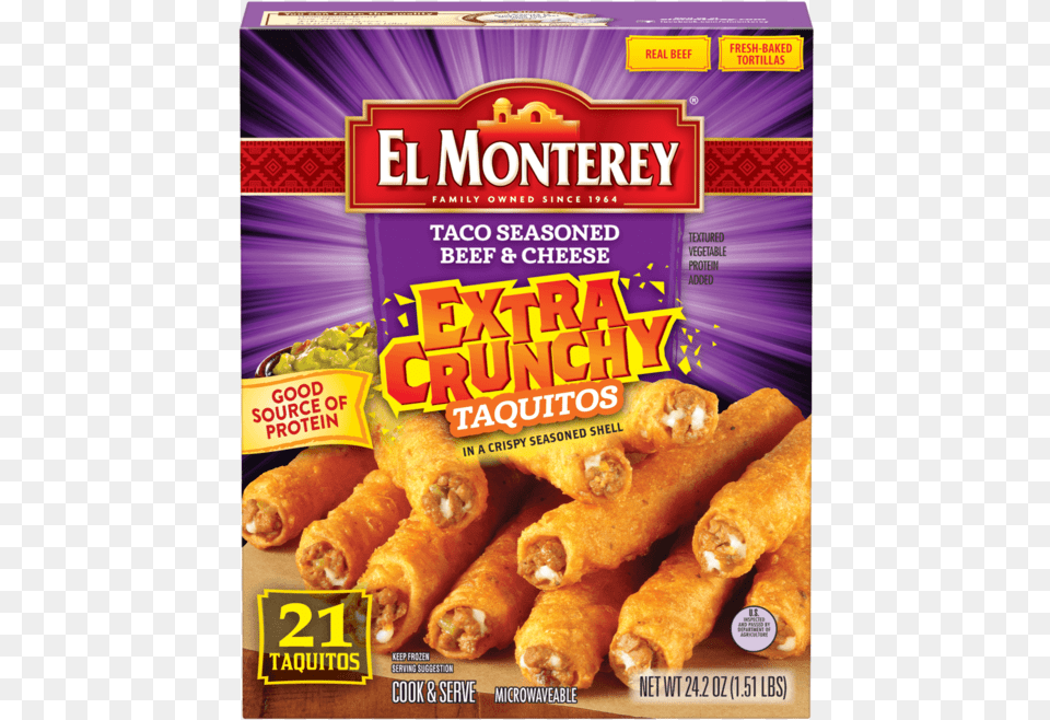 Extra Crunchy Taco Beef And Cheese Taquitos El Monterey Extra Crunchy Taquitos, Food, Hot Dog, Advertisement, Poster Free Png Download