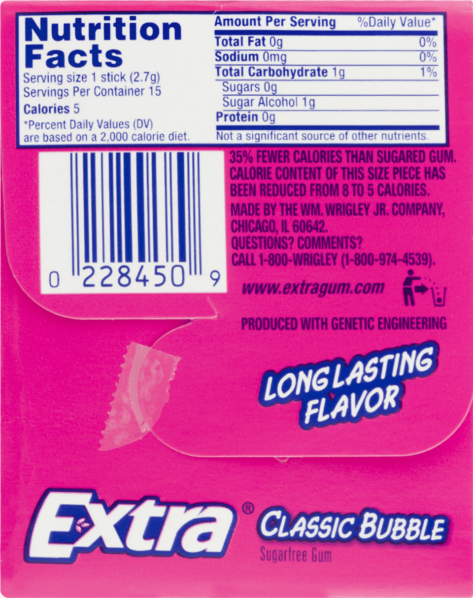 Extra Gum Nutritional Information, Text Free Png