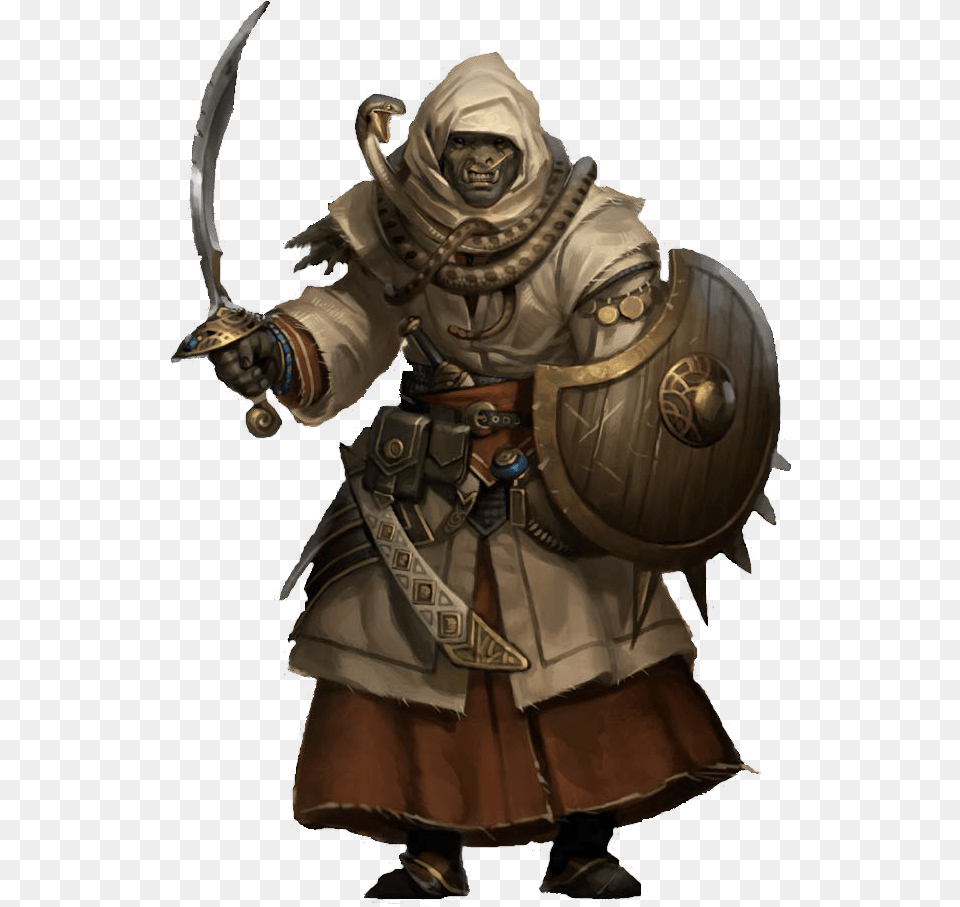F Half Orc Druid Snake Shield Sword Cloak Robes Midlvl Half Orc, Adult, Male, Man, Person Png Image
