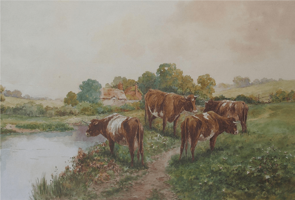 F Parr English Cows Cattle By A Cornish River Watercolour Painting, Animal, Art, Cow, Livestock Free Png Download