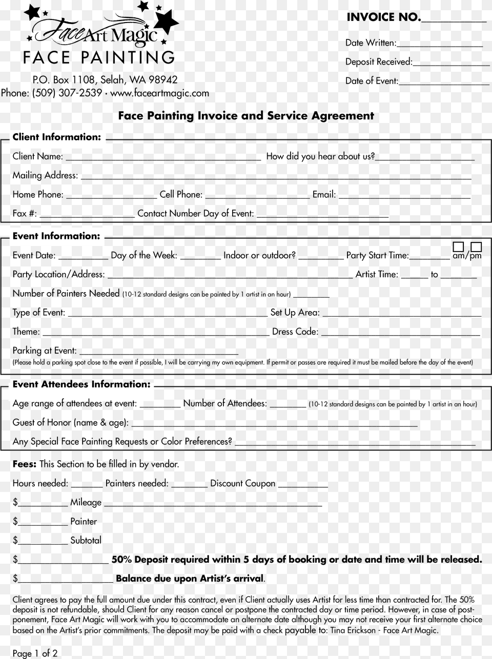 Face Painting Invoice And Service Agreement Main Image, Page, Text Free Png Download