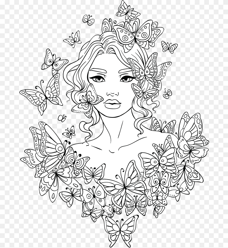 Faces People Holding Starbucks Cup Cake Butterfly Girl Coloring Pages, Art, Drawing, Face, Head Free Transparent Png