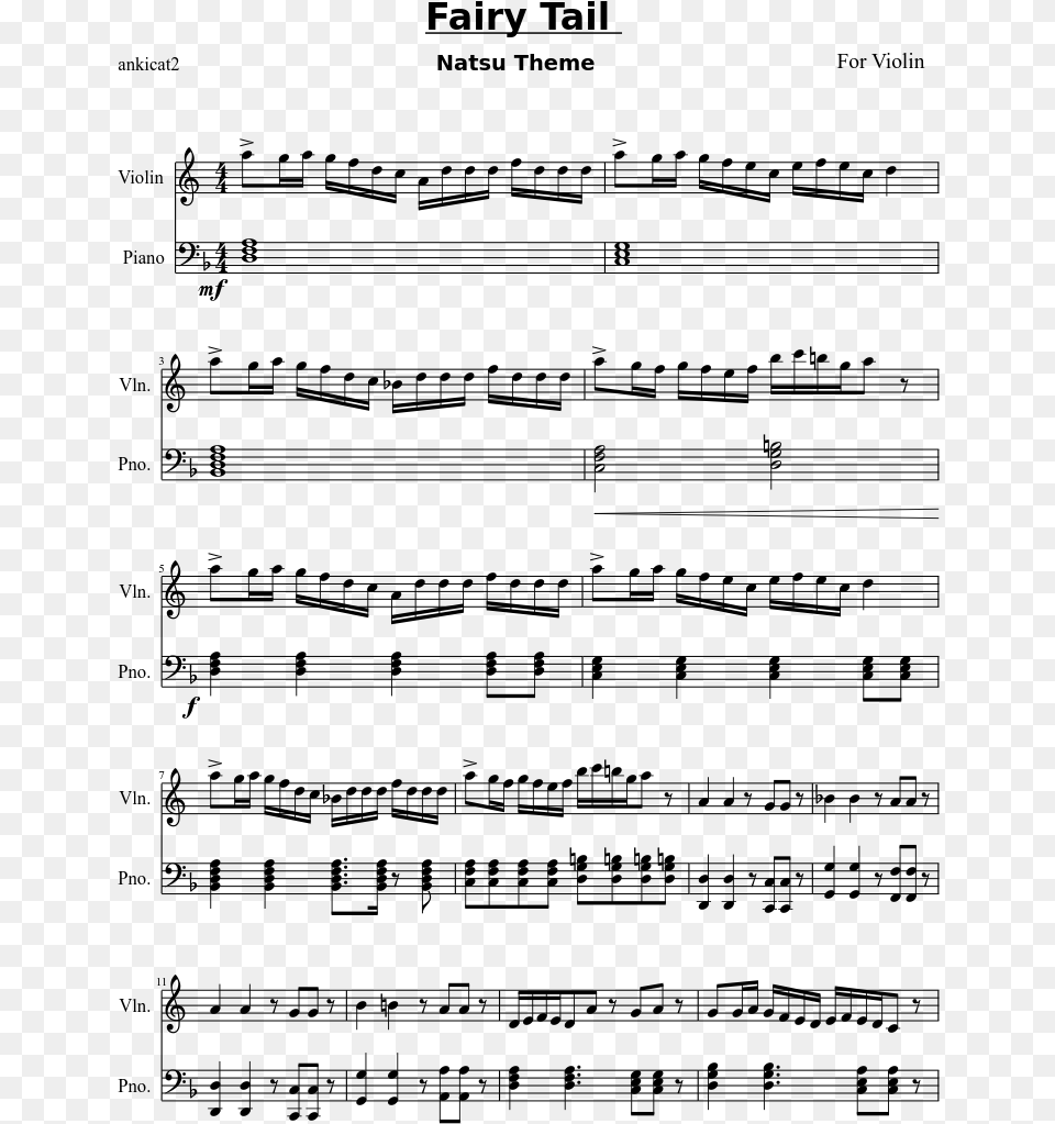 Fairy Tail Sheet Music 1 Of 4 Pages Fairy Tail Violin Notes, Gray Free Transparent Png