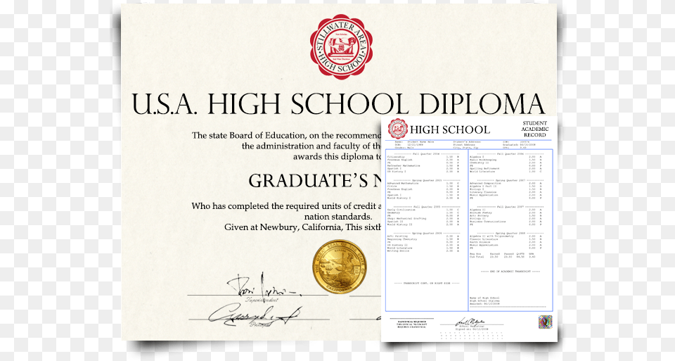 Fake Usa High School Diploma And Transcript Usa High School Diploma Certificate, Text, Document Free Png Download
