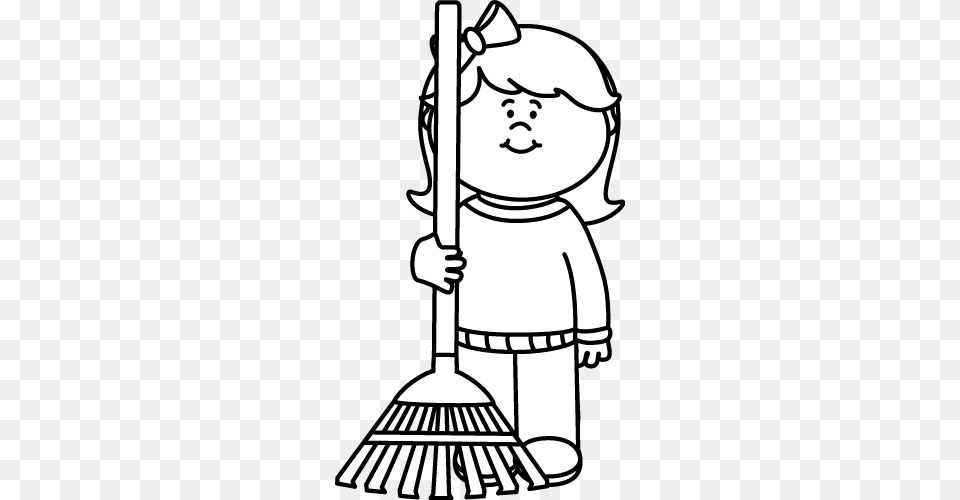 Fall Clip Art Girl Holding A Broom Clipart Black And White, Cleaning, Person, Baby, Face Png