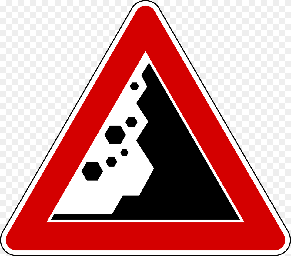 Falling Rocks Or Debris Sign In Italy Clipart, Symbol, Triangle, Road Sign, Scoreboard Png Image