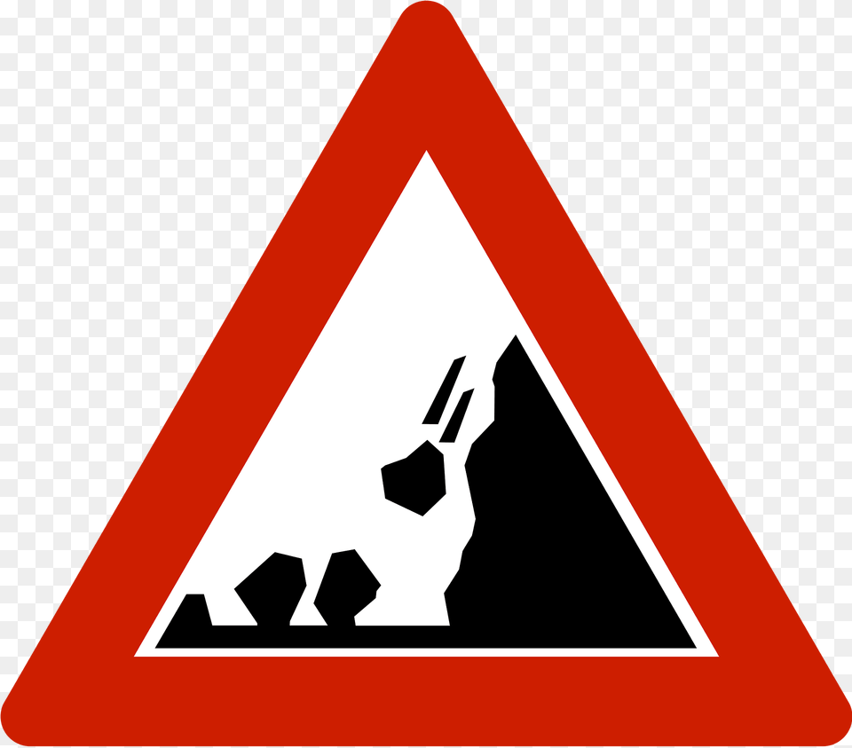Falling Rocks Or Debris Sign In Norway Clipart, Symbol, Road Sign, Triangle, Dynamite Png