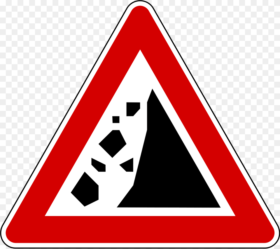 Falling Rocks Or Debris Sign In Slovenia Clipart, Symbol, Road Sign, Triangle Png