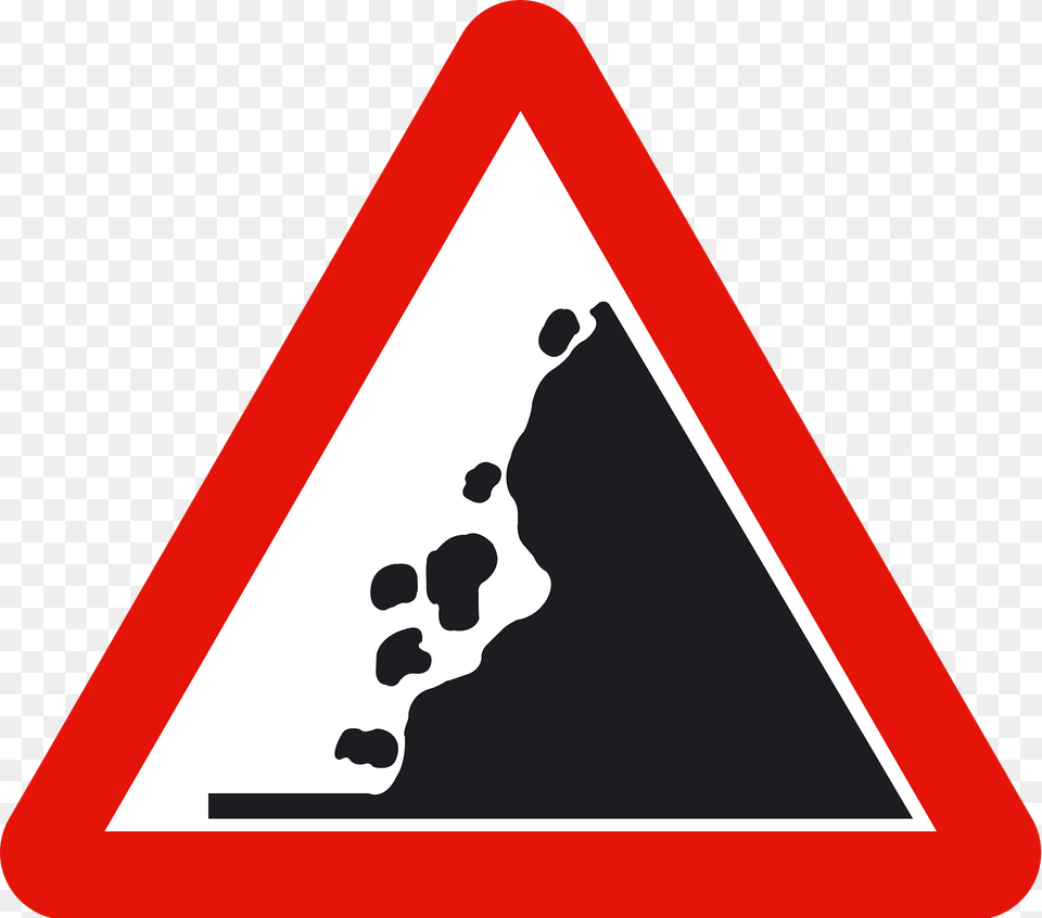 Falling Rocks Or Debris Sign In Spain Clipart, Symbol, Triangle, Road Sign, Dynamite Free Png