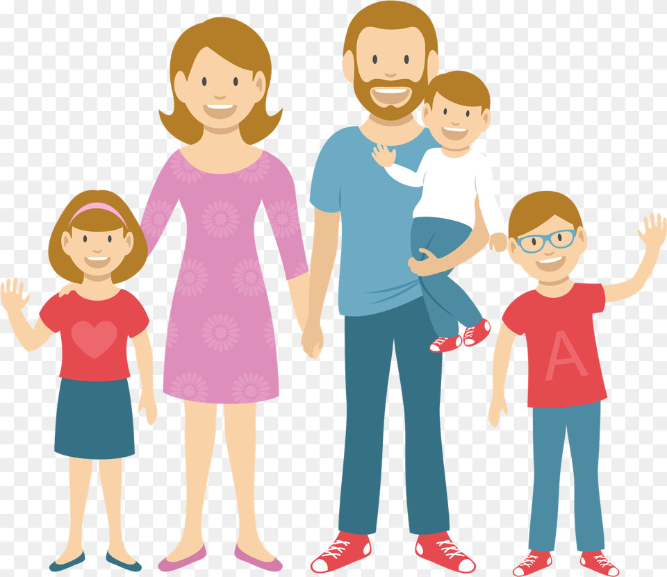 Family Cartoon Image With Background Background Cartoon Family, Clothing, Pants, Girl, Boy Free Png
