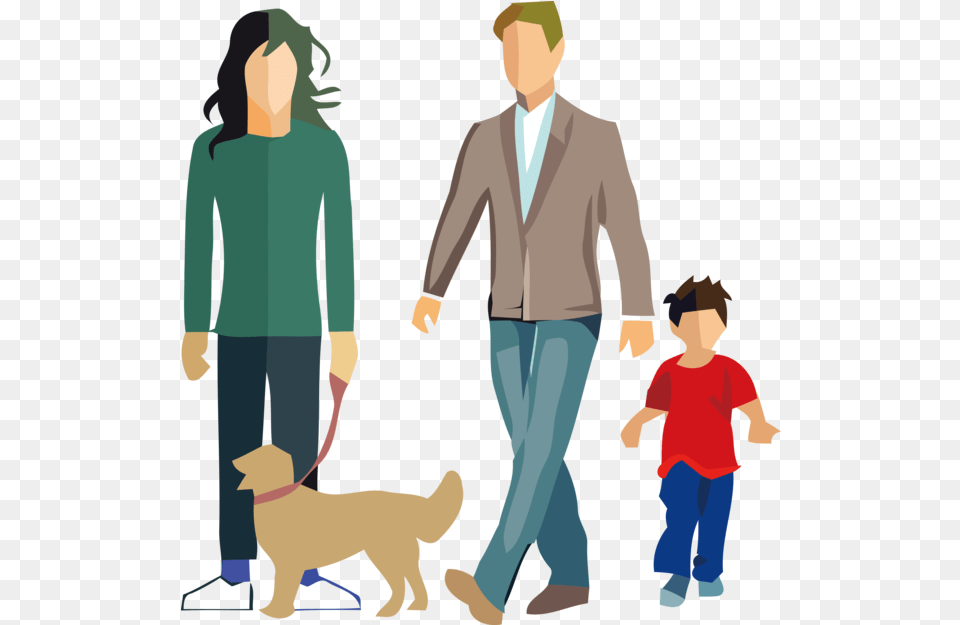 Family Day Dog Walking Cartoon Standing Happy Cartoon Family With Dog, Person, Pants, Clothing, Adult Free Transparent Png