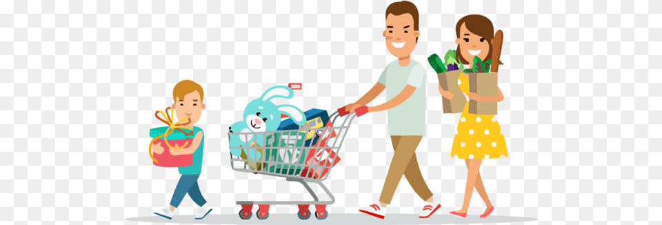 Family Day Shopping Cart Sharing Happy Family Shopping Cartoon, Person, Girl, Female, Child Free Png Download