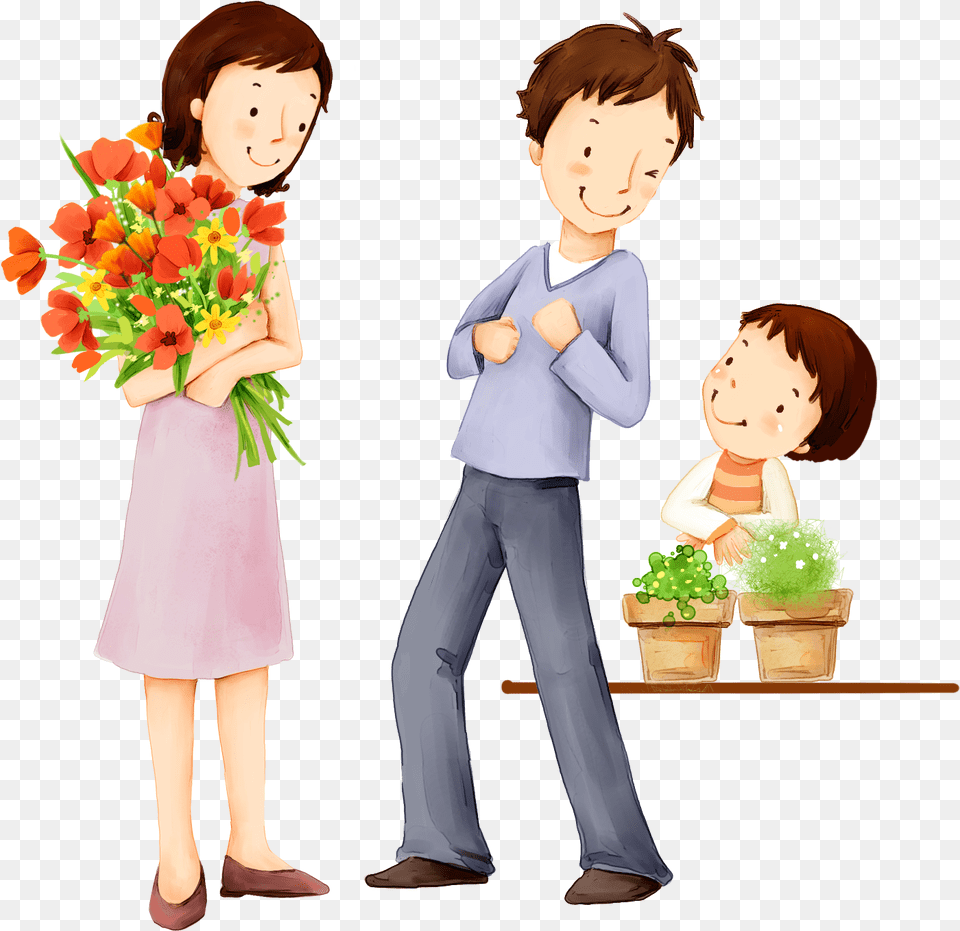 Family Happiness Child Cartoon Illustration Happy Teacher Day Cartoon, Flower Bouquet, Plant, Flower, Flower Arrangement Png Image