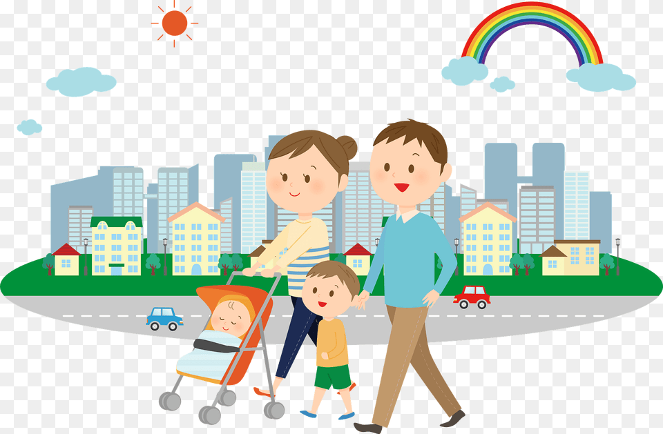 Family Is Walking In The City Clipart, Neighborhood, Baby, Person, Face Png Image