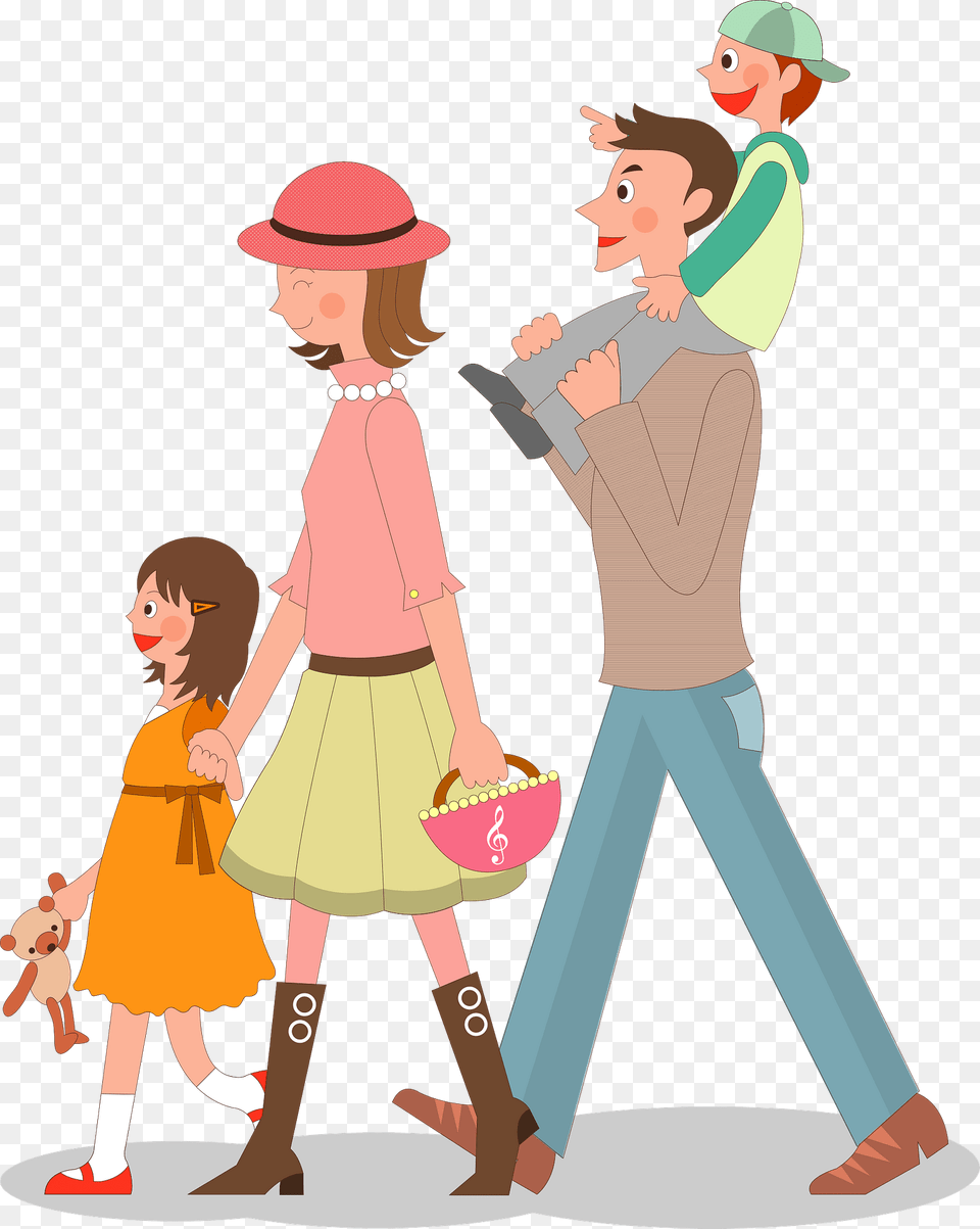 Family Of Four Is Walking Clipart, Person, Clothing, Hat, Book Free Png Download
