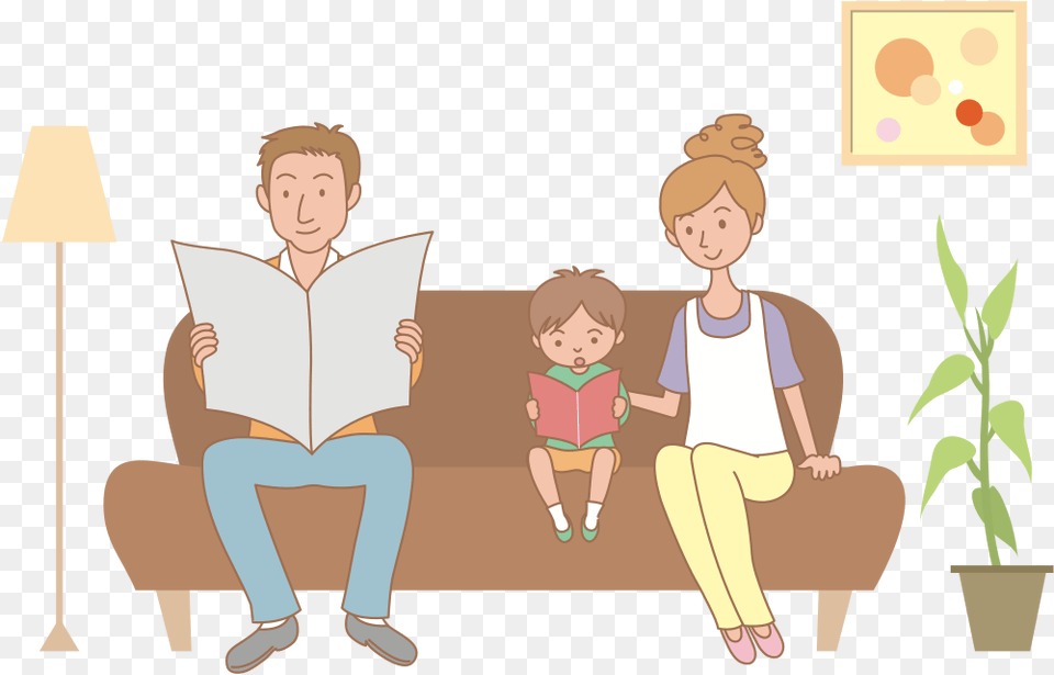 Family On Sofa Family Sitting On Sofa Clipart, Reading, Person, Lamp, Baby Free Png Download