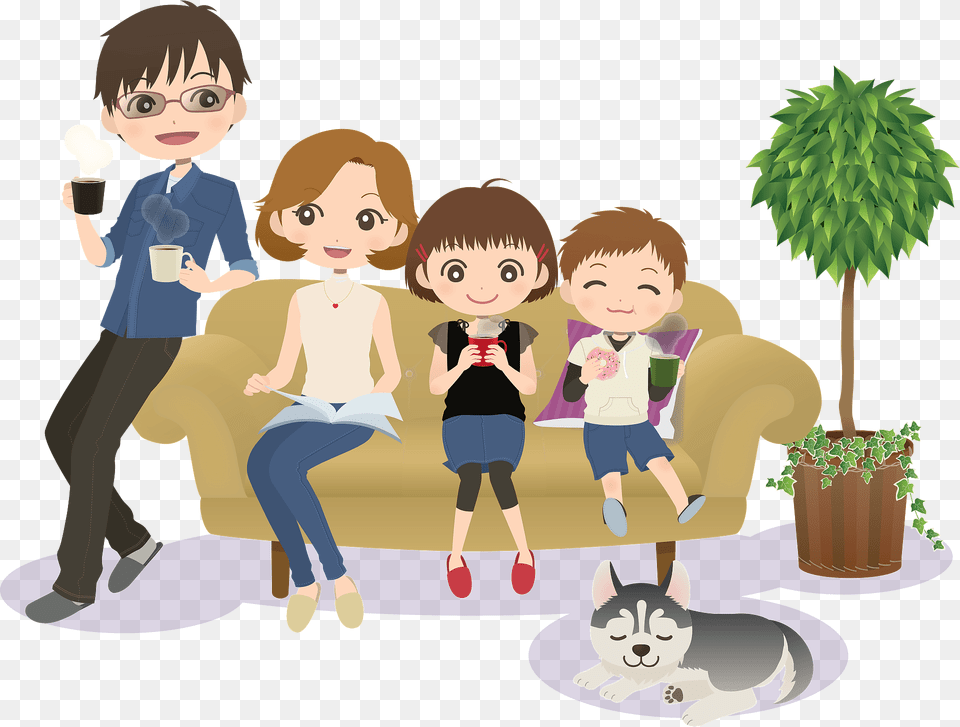 Family Sitting On The Sofa Clipart, Person, Book, Plant, Comics Png Image