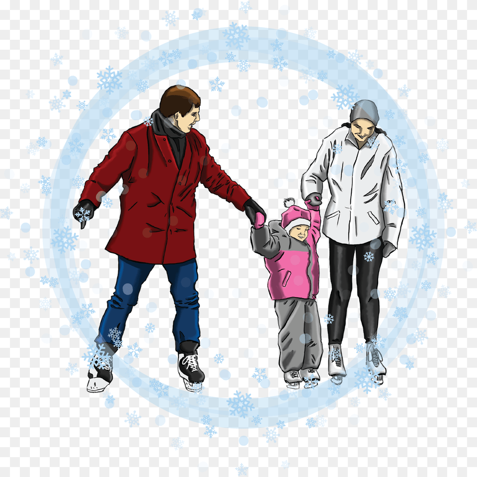 Family Skate Illustration Snow, Walking, Person, Coat, Clothing Png Image
