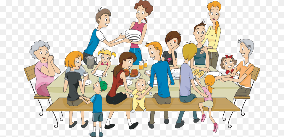 Familyreunion Cartoon Family Dinner Table, Publication, Book, Comics, Person Png Image