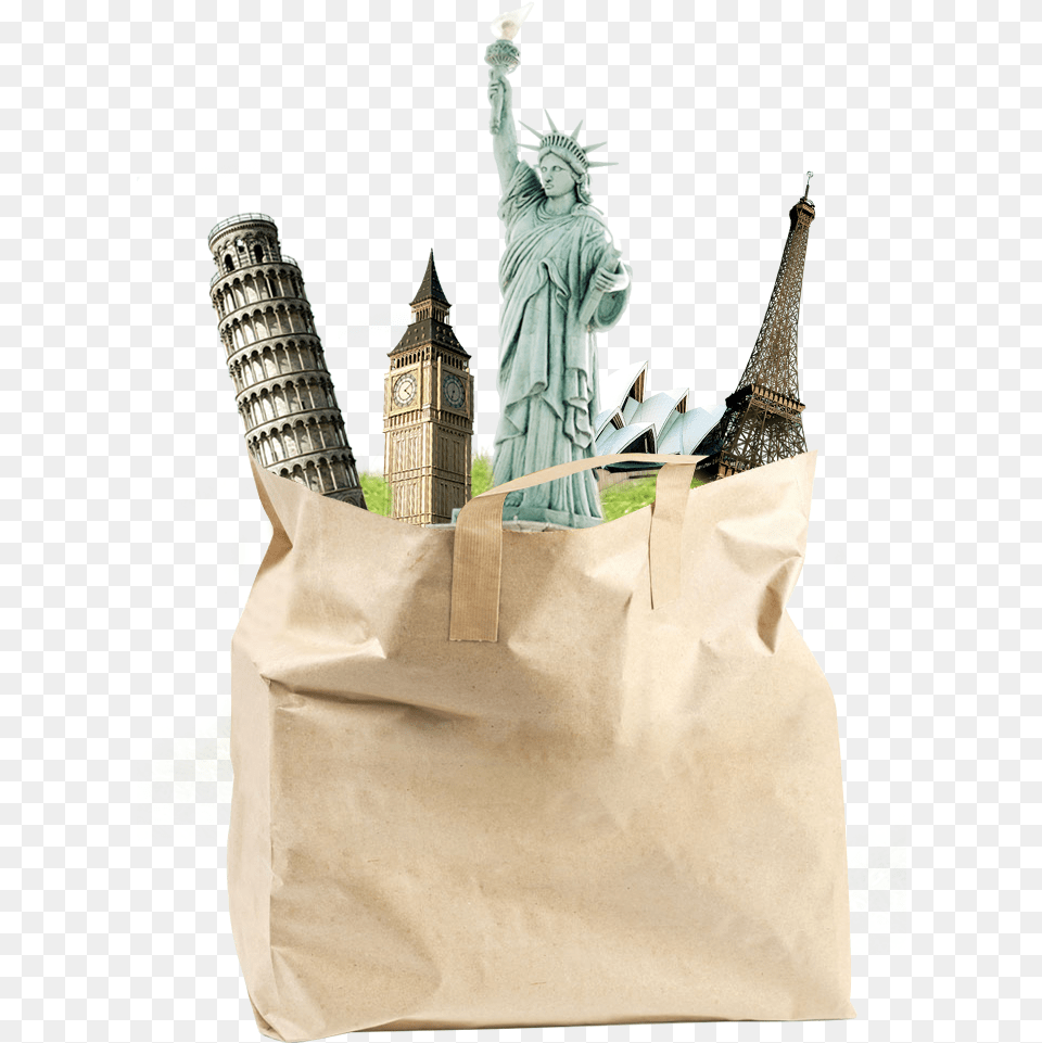 Famous World Sights In A Bag Image Eiffel Tower, Clock Tower, Architecture, Building, Spire Free Png Download