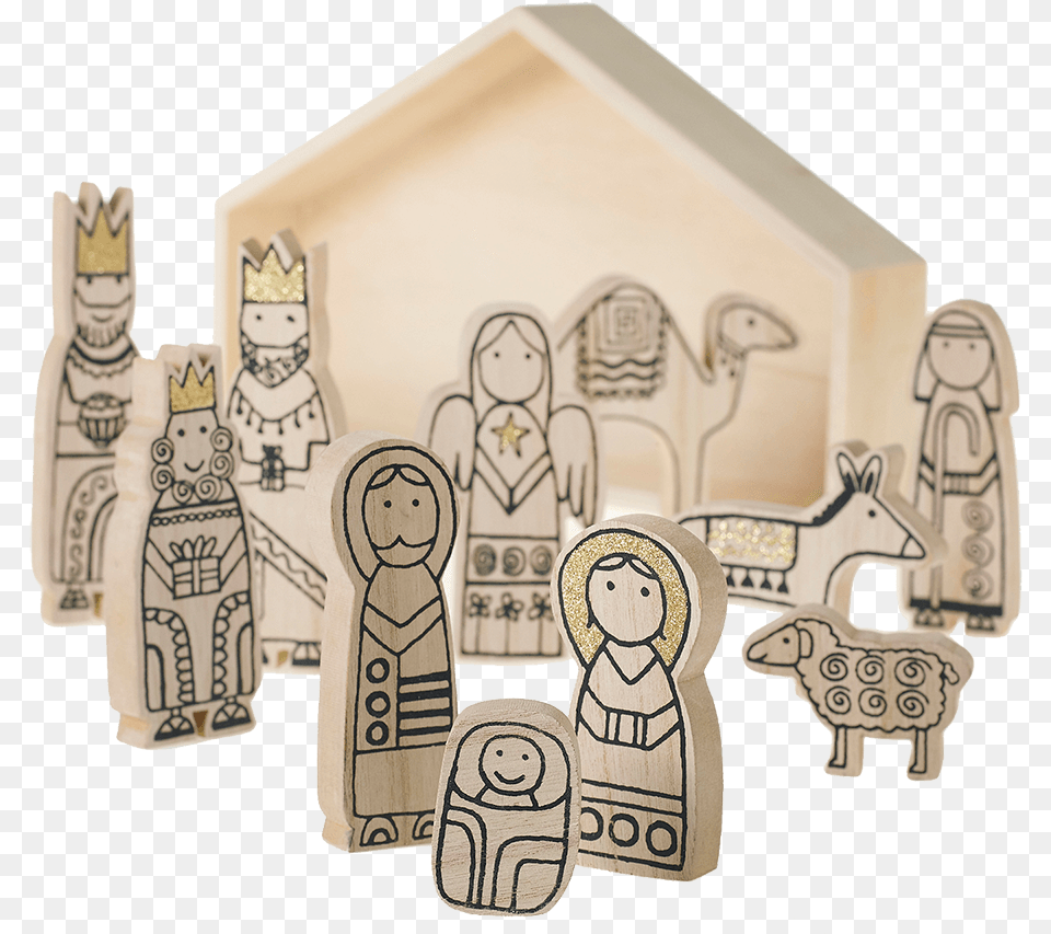 Fancy Nativity Figurines 11 Pieces Modern Wooden Nativity Set, Face, Head, Person, Machine Png Image